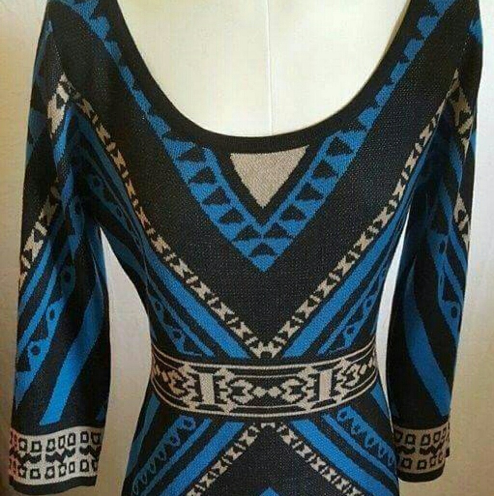 Medium Blue, Black, Tan Polyester Geo Print Dress